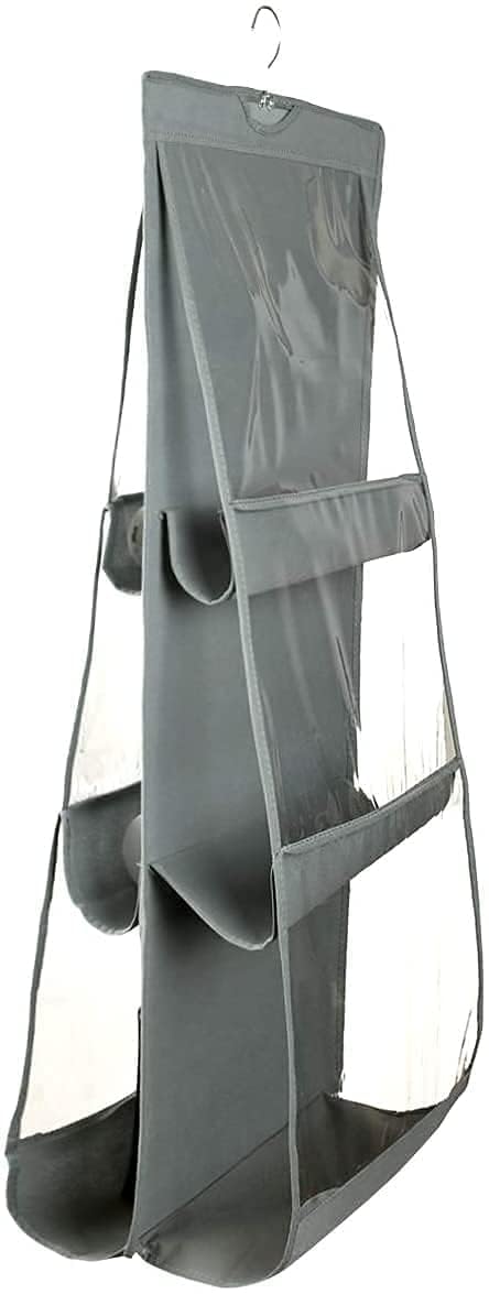 Kuber Industries Pack of 3 Dust Proof Hanging Handbag Purse Clutch Organizer with 6 Large Compartments & Hanger Pack of 3 (Grey), Cotton - Image 3