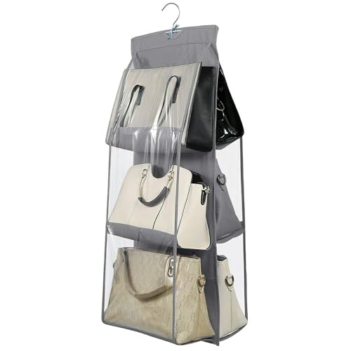 Kuber Industries Pack of 3 Dust Proof Hanging Handbag Purse Clutch Organizer with 6 Large Compartments & Hanger Pack of 3 (Grey), Cotton - Image 2