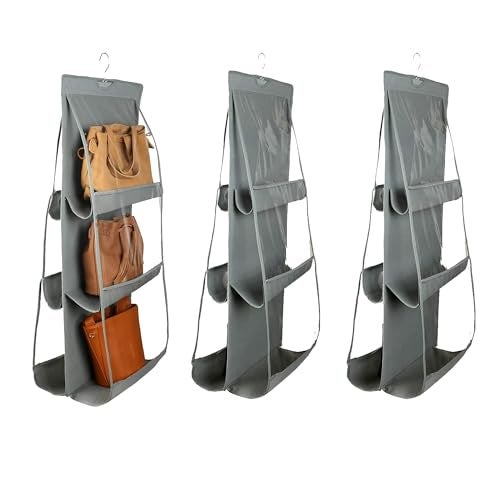 Kuber Industries Pack of 3 Dust Proof Hanging Handbag Purse Clutch Organizer with 6 Large Compartments & Hanger Pack of 3 (Grey), Cotton - Image 1