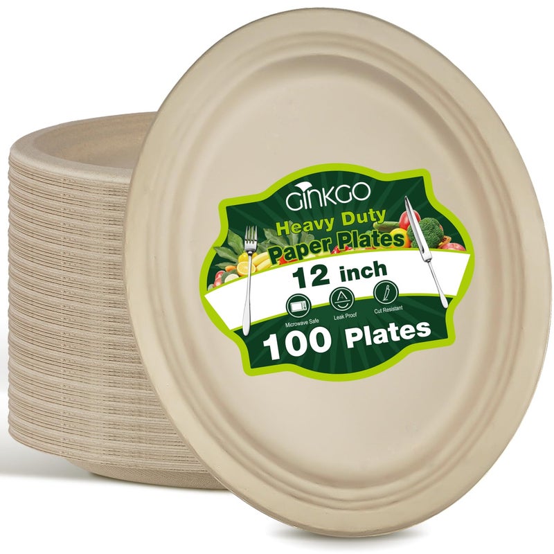 Ginkgo 100 Pack Oval Heavy Duty Paper Plates 12 Inch  Disposable Large Paper Plates Bulk for BBQ  Party  Picnic  Dessert and Every Day - Image 1