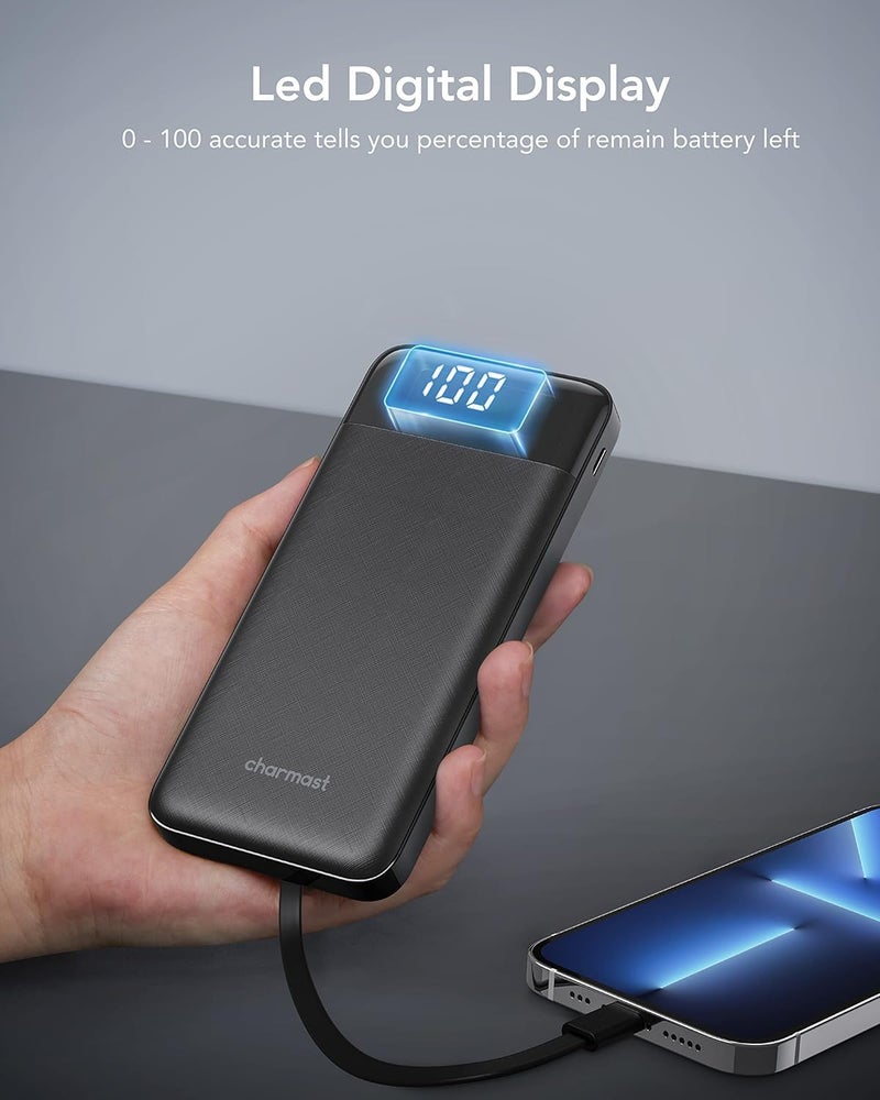 Charmast Power Bank with Built in Cable, 10000mAh USB C Battery pack 6 Outputs 2 Inputs with LED Display Type C Powerbank Portable Charger Compatible with Smartphones Tablets and More - Image 5