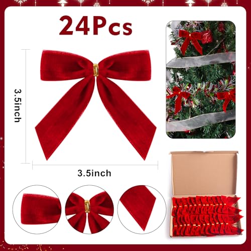 Utehilly 24 Pcs Red Small Velvet Christmas Bows for Christmas Tree, Wreath, Gift Wrapping, Crafts, Wedding, Party, Twist Tie Bows for Treat Bag Bakery Candy Bags, Home Decor 1" W,3.5 x 3.5 inch - Image 2