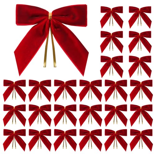 Utehilly 24 Pcs Red Small Velvet Christmas Bows for Christmas Tree, Wreath, Gift Wrapping, Crafts, Wedding, Party, Twist Tie Bows for Treat Bag Bakery Candy Bags, Home Decor 1" W,3.5 x 3.5 inch - Image 1