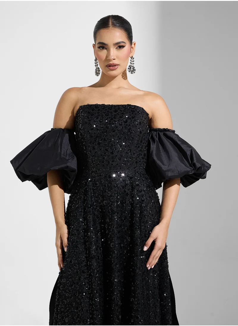 نمشي x Embellished Off Shoulder Dress With Bow Trail
