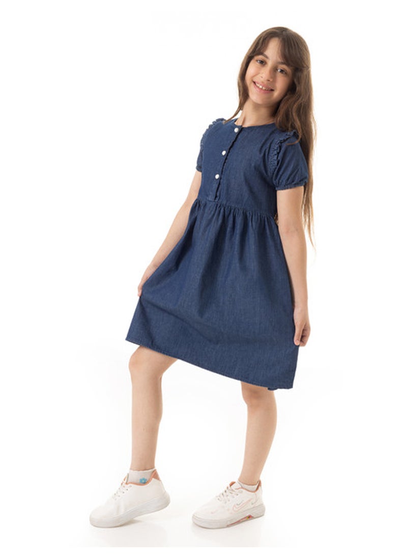 Andora Puffed Sleeves Girls Denim Dress - Dark Blue - Image 2