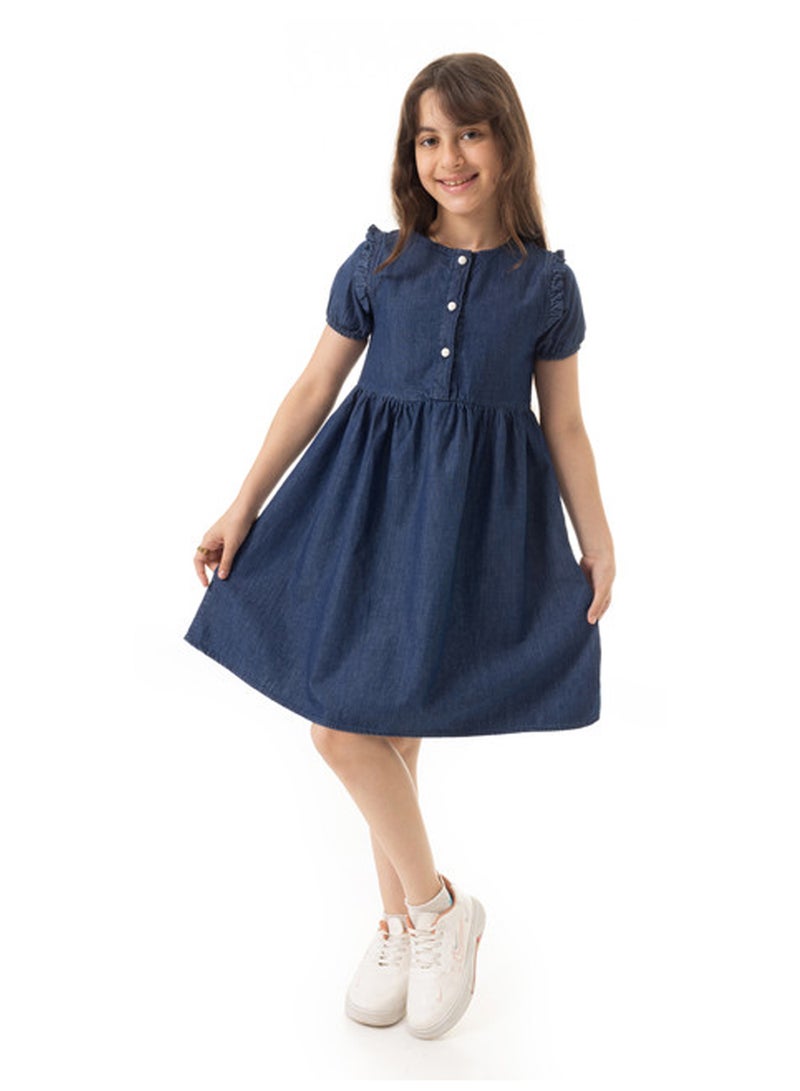 Andora Puffed Sleeves Girls Denim Dress - Dark Blue - Image 1