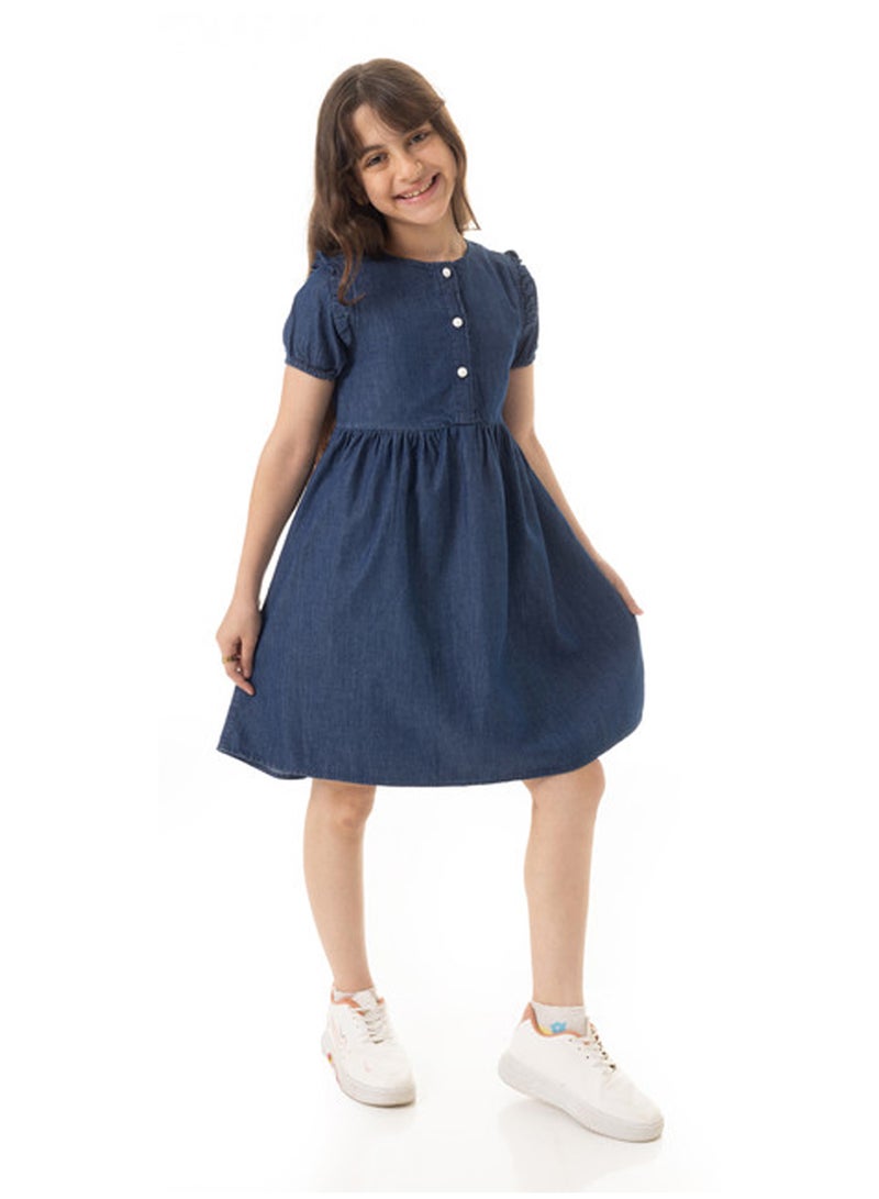 Andora Puffed Sleeves Girls Denim Dress - Dark Blue - Image 3