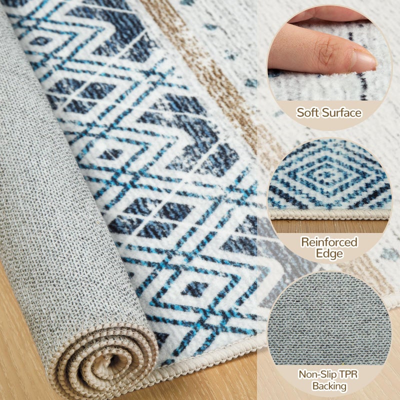 BESTSWEETIE 8x10 Area Rugs for Living Room Washable Moroccan Farmhouse Neutral Geometric Low Pile Non-Slip Soft Print Pattern Rug for Bedroom Kitchen Dining Room Entryway Blue/Brown - Image 3