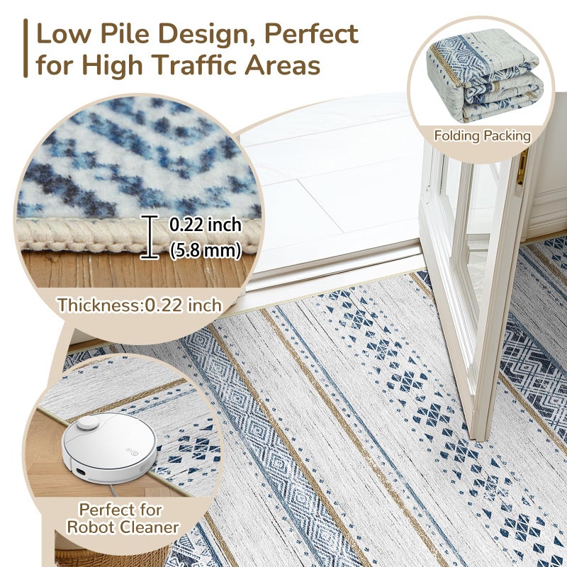 BESTSWEETIE 8x10 Area Rugs for Living Room Washable Moroccan Farmhouse Neutral Geometric Low Pile Non-Slip Soft Print Pattern Rug for Bedroom Kitchen Dining Room Entryway Blue/Brown - Image 4