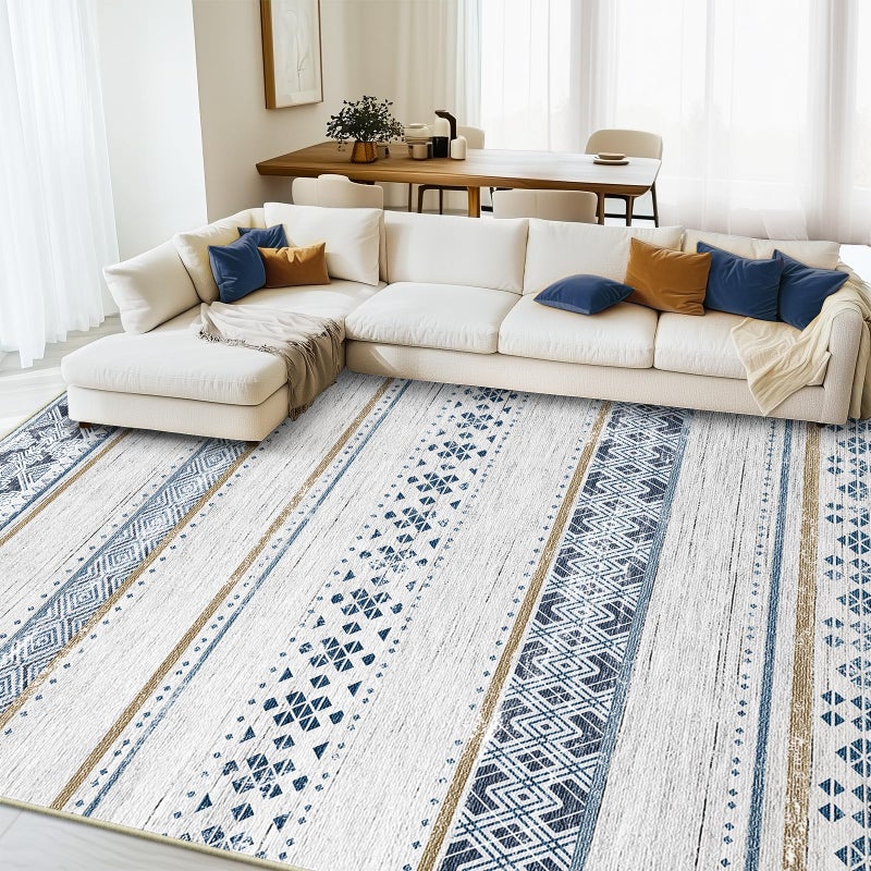 BESTSWEETIE 8x10 Area Rugs for Living Room Washable Moroccan Farmhouse Neutral Geometric Low Pile Non-Slip Soft Print Pattern Rug for Bedroom Kitchen Dining Room Entryway Blue/Brown - Image 1