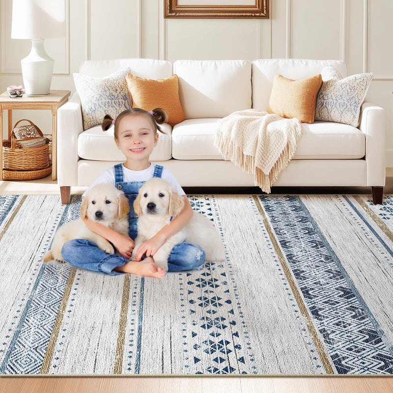 BESTSWEETIE 8x10 Area Rugs for Living Room Washable Moroccan Farmhouse Neutral Geometric Low Pile Non-Slip Soft Print Pattern Rug for Bedroom Kitchen Dining Room Entryway Blue/Brown - Image 2