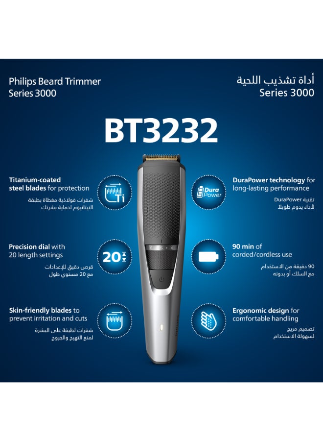Philips Beard Trimmer BT3232/15,Precision Beard Styling for Effortless Grooming,20 Length Settings, Maintenance-Free Blades, No Oil Required,90min Cordless Use, Battery Indicator Multicolour - Image 2