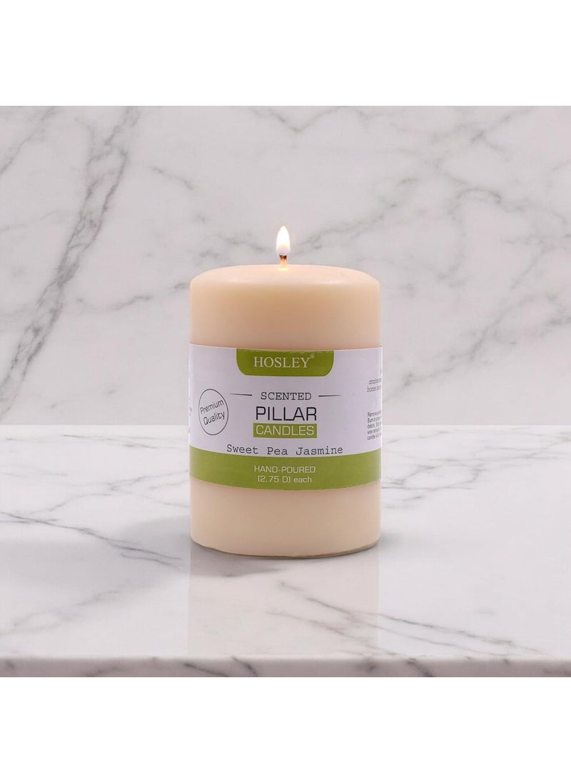 Hosley - HOSLEY 4 Inch Long| Sweet Pea Jasmine Fragrance White Pillar Candles| Soy & Paraffin Wax Candles for Home Decor|60 Hours Burning Time| Smokeless & Dripless|2.75 Inch Diameter|Pack of 1 - Image 1