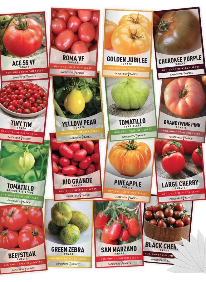 Gardeners Basics , Tomato Seeds For Planting 16 Variety Pack Heirloom Seeds, Tiny Tim, Cherry Beefsteak Roma Determinate And Indeterminate More, Non Gmo - Image 1