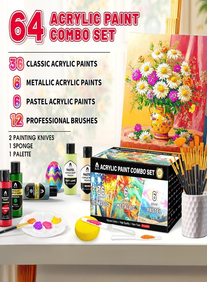 Vigorfun 64 Pcs Classic & Metallic & Pastel Acrylic Paint Set with 12 Brushes, 2 Knives & Palette, 48 Colors (2oz/60ml) - for Adults, Kids, Artists & Beginners - Arts and Crafts Painting Kit - Image 2