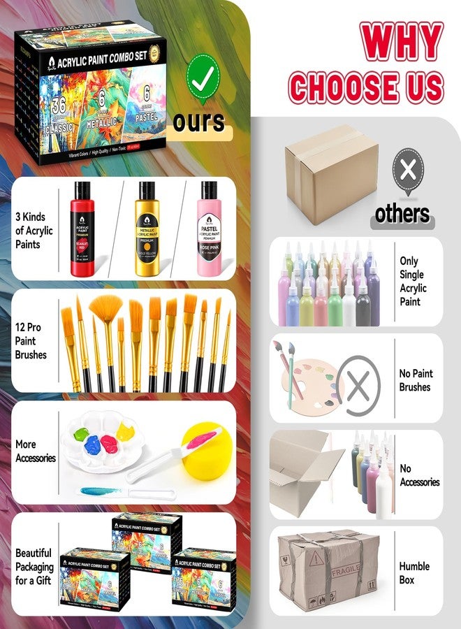 Vigorfun 64 Pcs Classic & Metallic & Pastel Acrylic Paint Set with 12 Brushes, 2 Knives & Palette, 48 Colors (2oz/60ml) - for Adults, Kids, Artists & Beginners - Arts and Crafts Painting Kit - Image 4