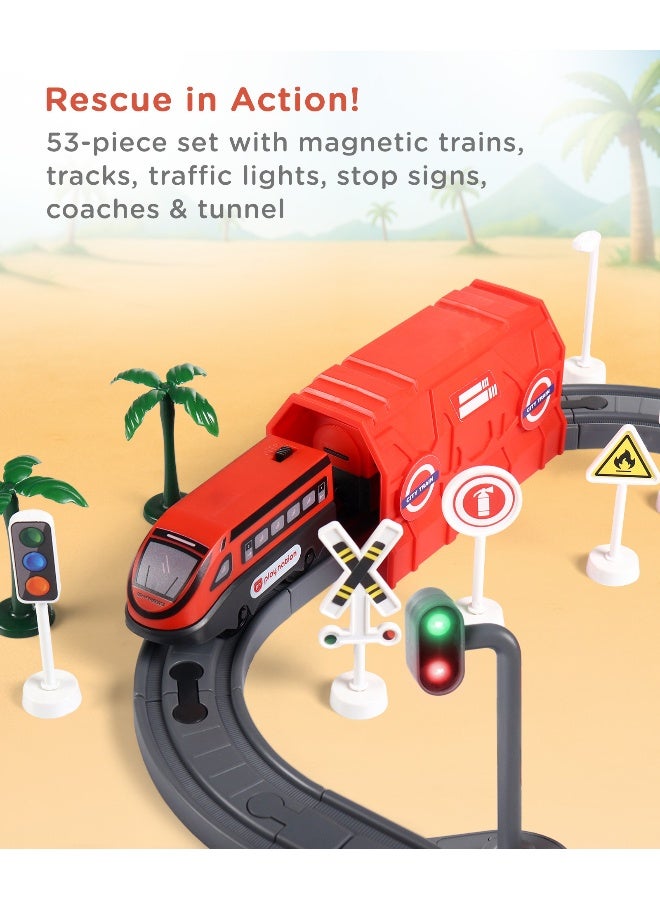 PlayNation Play Nation Rescue Indian City Toy Train Set with Instruction Manual for Kids, Battery-Operated, DIY Magnetic Trains, Educational Gift, BIS Certified, 3 Years+, 51.5 x 31.5 x 7 cm, Red - 53 Pieces - Image 2