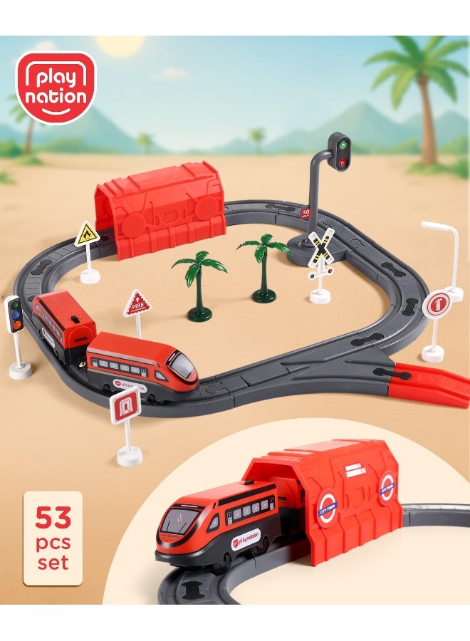 PlayNation Play Nation Rescue Indian City Toy Train Set with Instruction Manual for Kids, Battery-Operated, DIY Magnetic Trains, Educational Gift, BIS Certified, 3 Years+, 51.5 x 31.5 x 7 cm, Red - 53 Pieces - Image 1