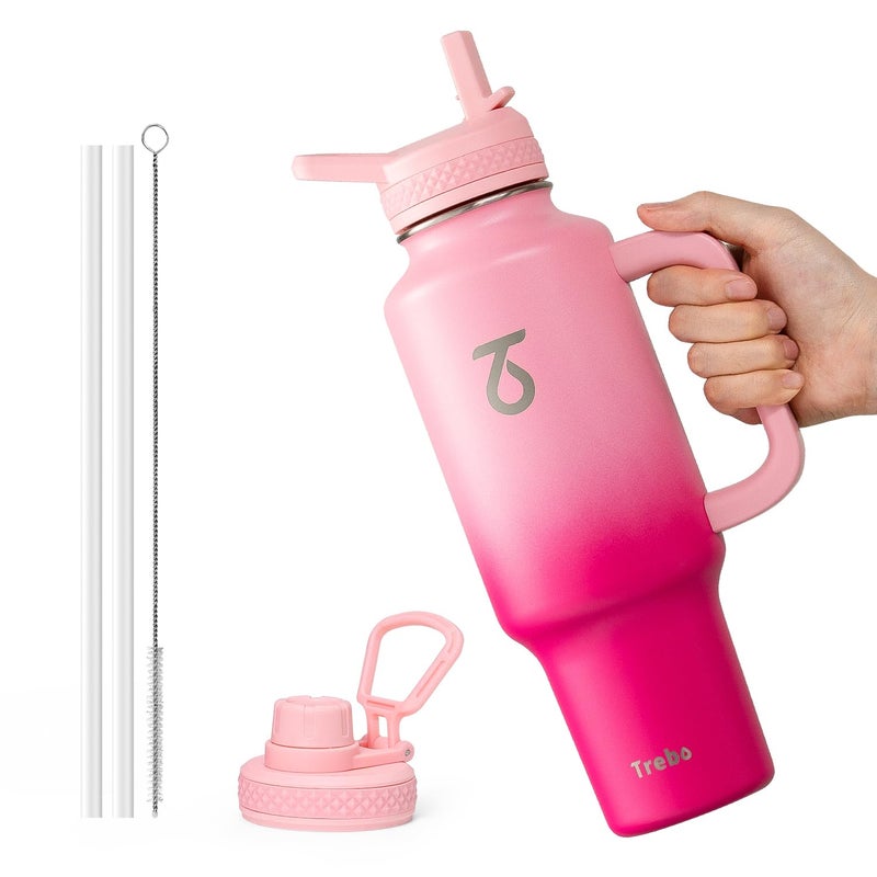 Trebo 40 oz Water Bottle Insulated with Handle Leakproof Keep 24hrs Cold HotStainless Steel Travel Tumbler that Fits in Car Cup Holder with Straw LidsPink Reusable Water Bottles for women