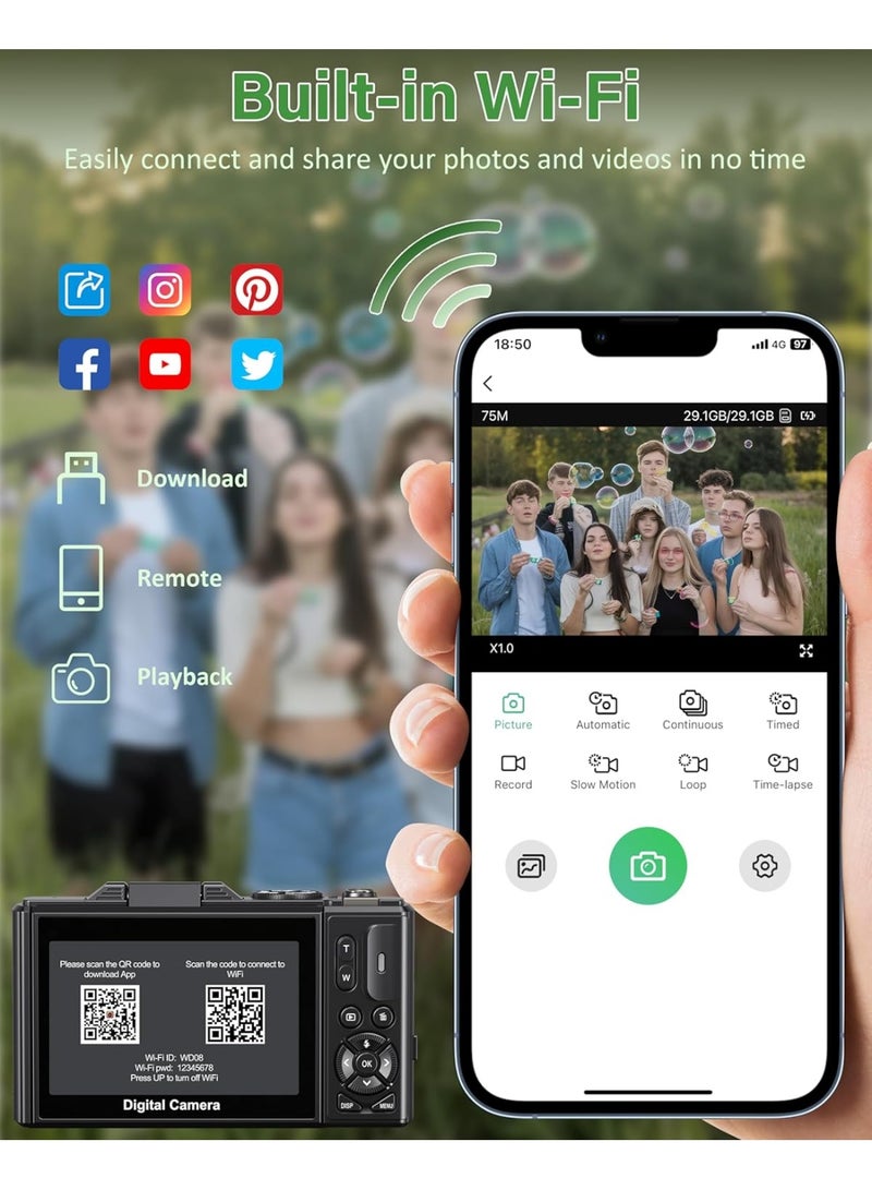 Blue Dune 5K Digital Camera - 75MP Digital Cameras for Photography - Vlogging Camera for YouTube - Autofocus Video Camera 3" 180° Flip Screen with 18X Zoom - Image 5