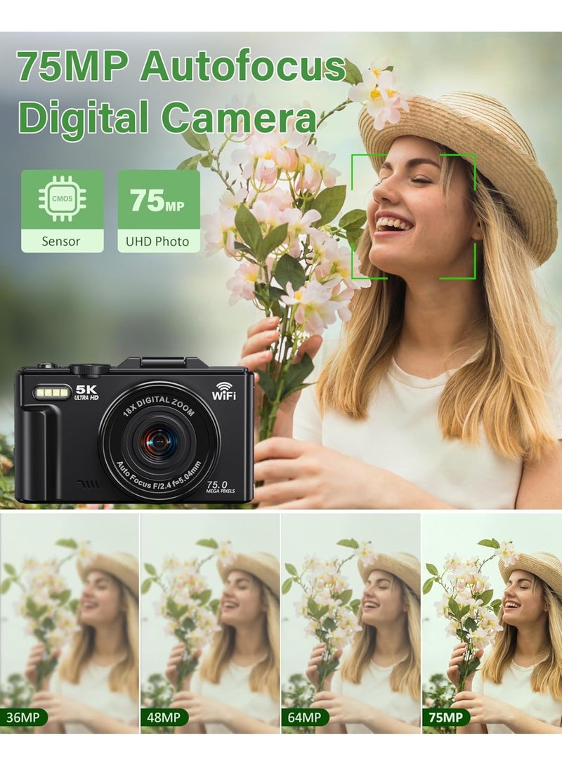 Blue Dune 5K Digital Camera - 75MP Digital Cameras for Photography - Vlogging Camera for YouTube - Autofocus Video Camera 3" 180° Flip Screen with 18X Zoom - Image 2