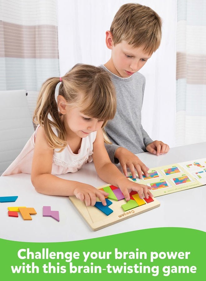 Coogam Wooden Puzzle Blocks Geometric Tangram Brain Teasers Jigsaw 3D Logic IQ Game Colorful Shape Pattern Montessori STEM Educational Toys Gift 60 Challenges for All Age - Image 2