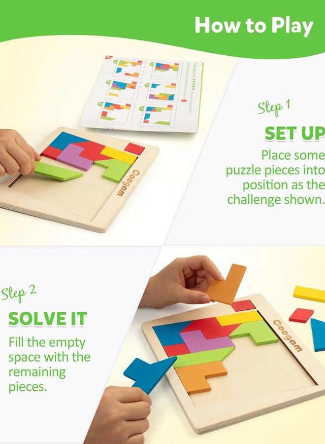 Coogam Wooden Puzzle Blocks Geometric Tangram Brain Teasers Jigsaw 3D Logic IQ Game Colorful Shape Pattern Montessori STEM Educational Toys Gift 60 Challenges for All Age - Image 3