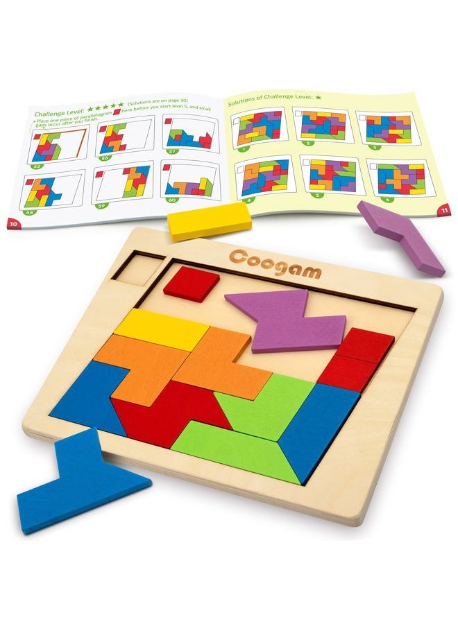 Coogam Wooden Puzzle Blocks Geometric Tangram Brain Teasers Jigsaw 3D Logic IQ Game Colorful Shape Pattern Montessori STEM Educational Toys Gift 60 Challenges for All Age - Image 1