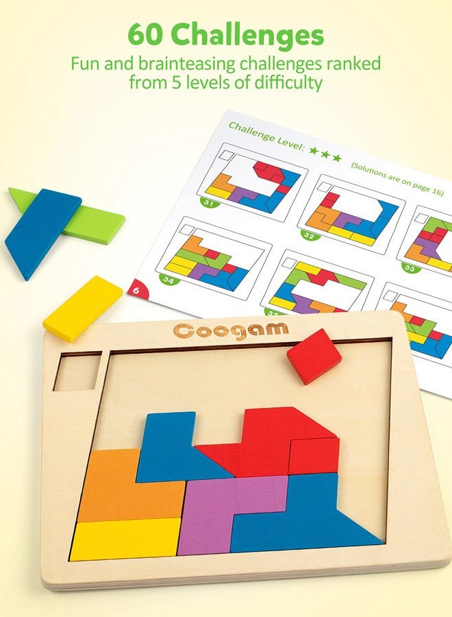 Coogam Wooden Puzzle Blocks Geometric Tangram Brain Teasers Jigsaw 3D Logic IQ Game Colorful Shape Pattern Montessori STEM Educational Toys Gift 60 Challenges for All Age - Image 4
