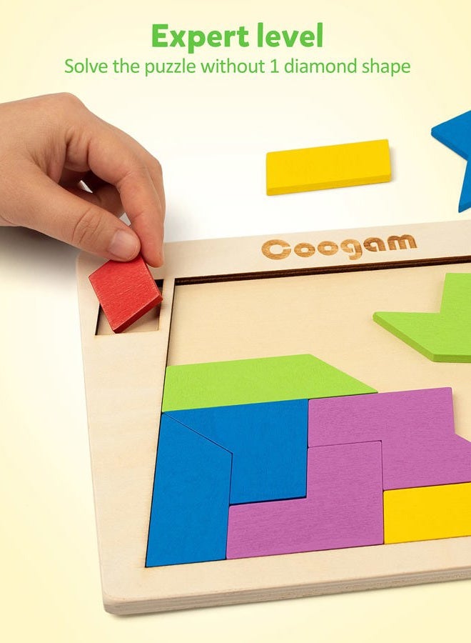 Coogam Wooden Puzzle Blocks Geometric Tangram Brain Teasers Jigsaw 3D Logic IQ Game Colorful Shape Pattern Montessori STEM Educational Toys Gift 60 Challenges for All Age - Image 5
