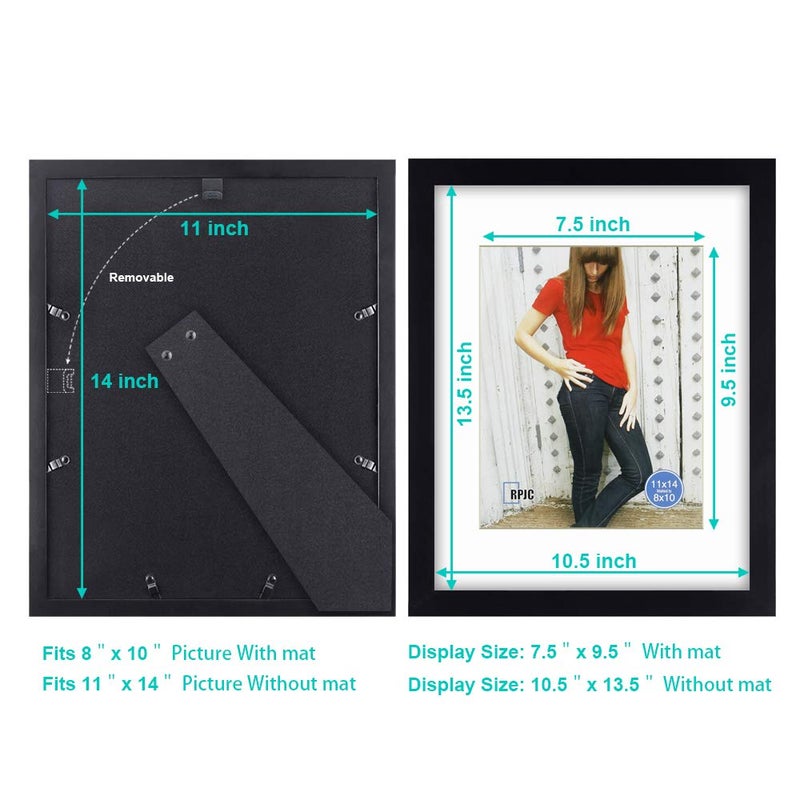 RPJC 11x14 inch Picture Frame Made of Solid Wood and High Definition Glass Display Pictures 8x10 with Mat or 11x14 Without Mat for Table Top Display and Wall Mounting Photo Frame with Stand Black - Image 4