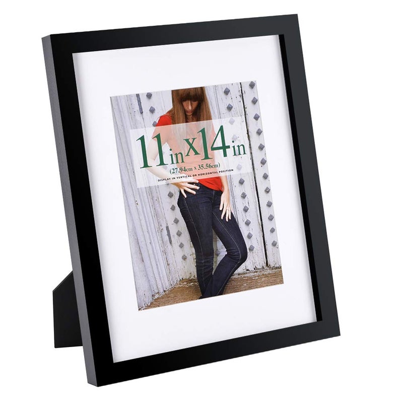 RPJC 11x14 inch Picture Frame Made of Solid Wood and High Definition Glass Display Pictures 8x10 with Mat or 11x14 Without Mat for Table Top Display and Wall Mounting Photo Frame with Stand Black - Image 1