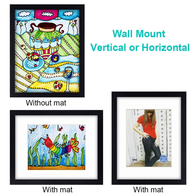 RPJC 11x14 inch Picture Frame Made of Solid Wood and High Definition Glass Display Pictures 8x10 with Mat or 11x14 Without Mat for Table Top Display and Wall Mounting Photo Frame with Stand Black - Image 5