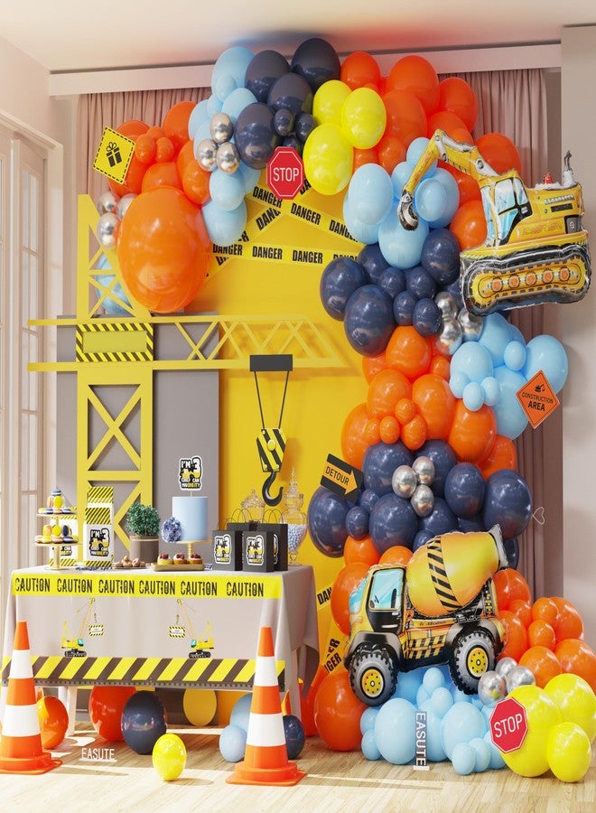 EASUTE Construction Birthday Party Supplies 145PCS Construction Balloons Arch Kit Yellow Blue Construction Themed Party Decorations for Boys 3rd Large Self Standing 4D Excavator Mixer Truck Foil Balloons - Image 1