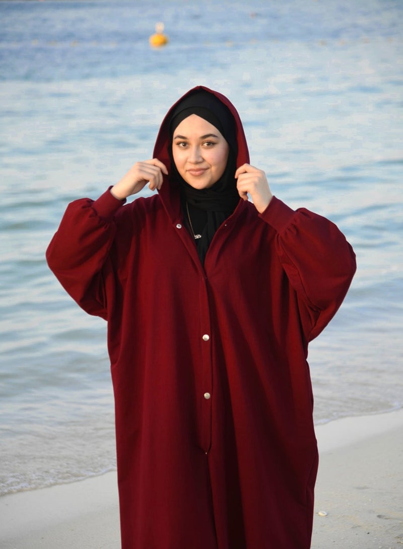 DIMAR BY DIYORA Women's Hoodie Abaya Long Sleeve Buttoned Front Casual Loose-Fit Oversize Maxi Dress Soft Fabric Elegant Comfortable - Red - Image 1
