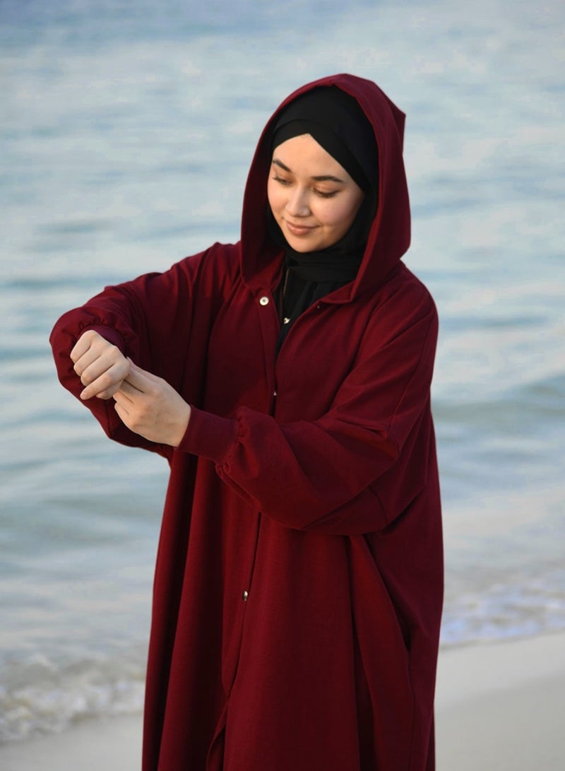 DIMAR BY DIYORA Women's Hoodie Abaya Long Sleeve Buttoned Front Casual Loose-Fit Oversize Maxi Dress Soft Fabric Elegant Comfortable - Red - Image 2