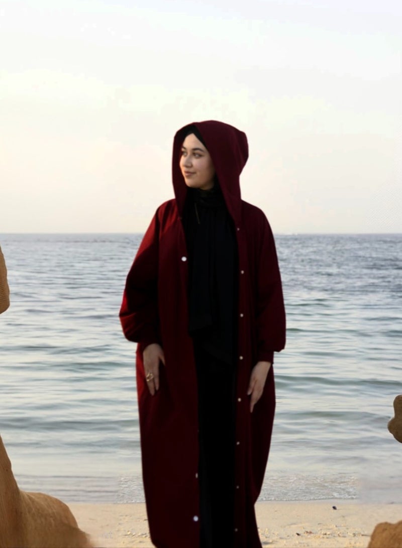 DIMAR BY DIYORA Women's Hoodie Abaya Long Sleeve Buttoned Front Casual Loose-Fit Oversize Maxi Dress Soft Fabric Elegant Comfortable - Red - Image 4