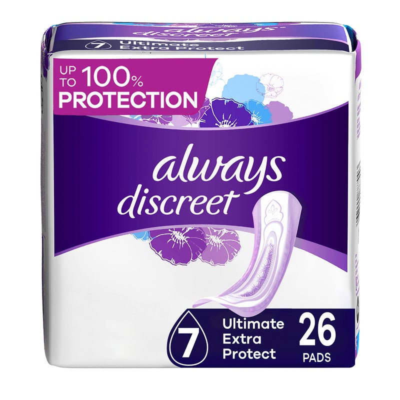 Always Discreet Incontinence Pads for Women and Postpartum Pads, Ultimate Extra Protect, 26 CT, up to 100% Bladder Leak Protection - Image 1