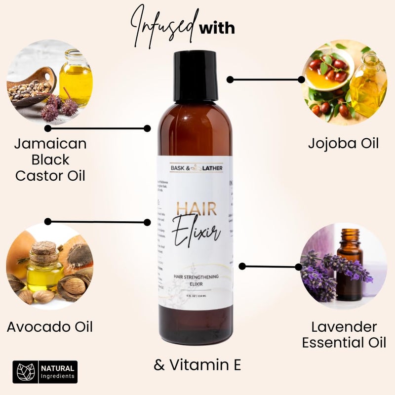 BASK & LATHER Elixir Hair Strengthening Oil, Jamaican Black Castor Oil, For Volume, Thickness, Detangle, De Frizz, Conditions New Hair Growth, 4 fl oz - Image 4