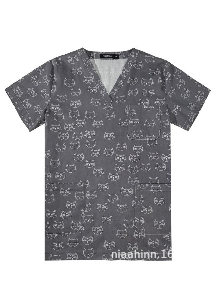 Loquat Unisex Printed V-Neck Medical Uniform Scrubs Top for Women/Men Workwear 