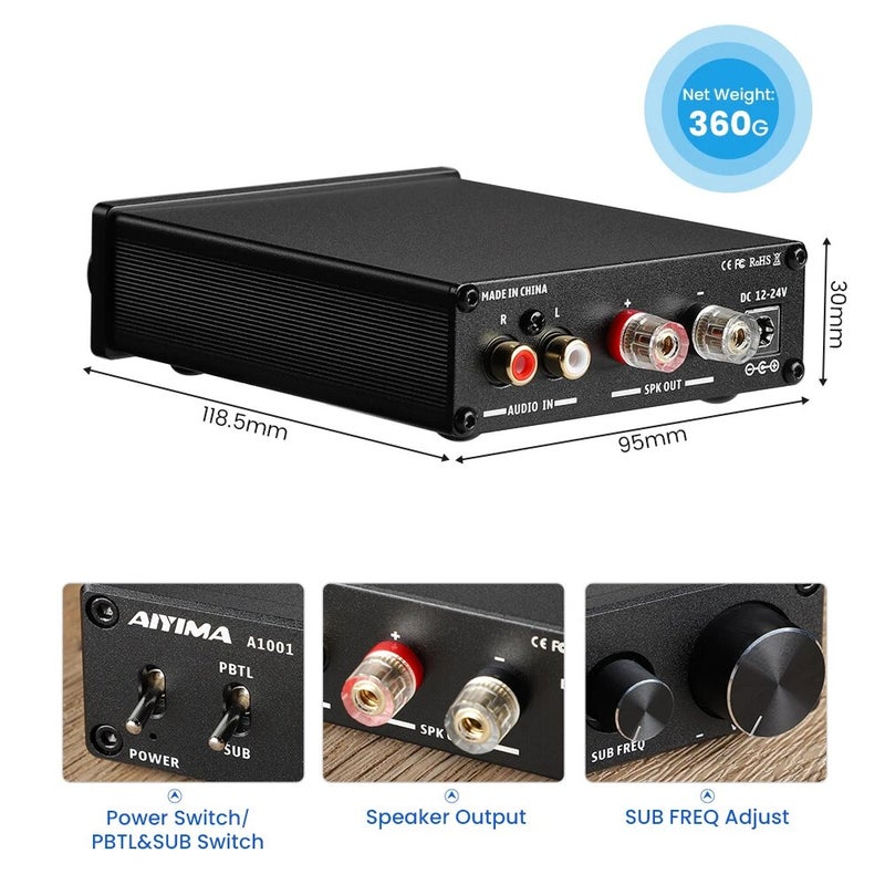 Aiyima A1001 Digital Mono Power Amplifier for Subwoofer, Tpa3116, 100w Class D, with 24V EU Adapter - Image 3