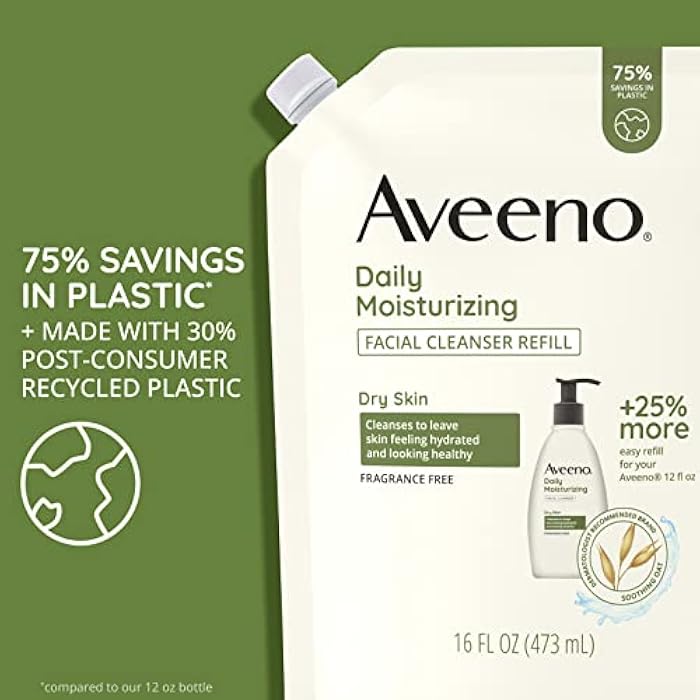 Aveeno Daily Moisturizing Facial Cleanser with Soothing Non-GMO Oat, Leaves Skin Feeling Hydrated, Soft & Supple, Paraben-, Sulfate-, Fragrance-, Dye- & Soap-Free, Refill Pouch, 16 fl. oz - Image 3
