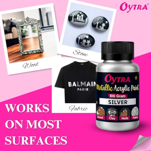 Oytra Metallic Colour Acrylic Paint Set 100 Grams Metal for DIY Art and Craft Shimmer Drop Color Set Glass Wood Wall Rock Car Painting Drawings on Canvas (Silver) - Image 4