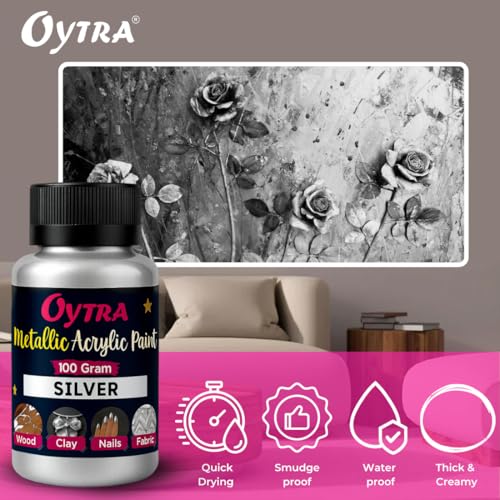 Oytra Metallic Colour Acrylic Paint Set 100 Grams Metal for DIY Art and Craft Shimmer Drop Color Set Glass Wood Wall Rock Car Painting Drawings on Canvas (Silver) - Image 5