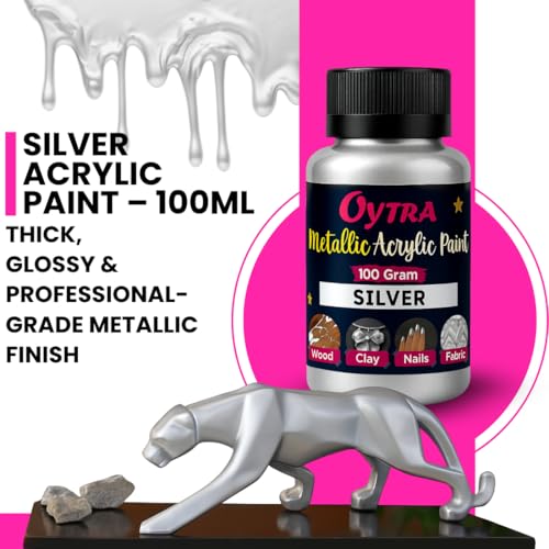 Oytra Metallic Colour Acrylic Paint Set 100 Grams Metal for DIY Art and Craft Shimmer Drop Color Set Glass Wood Wall Rock Car Painting Drawings on Canvas (Silver) - Image 2