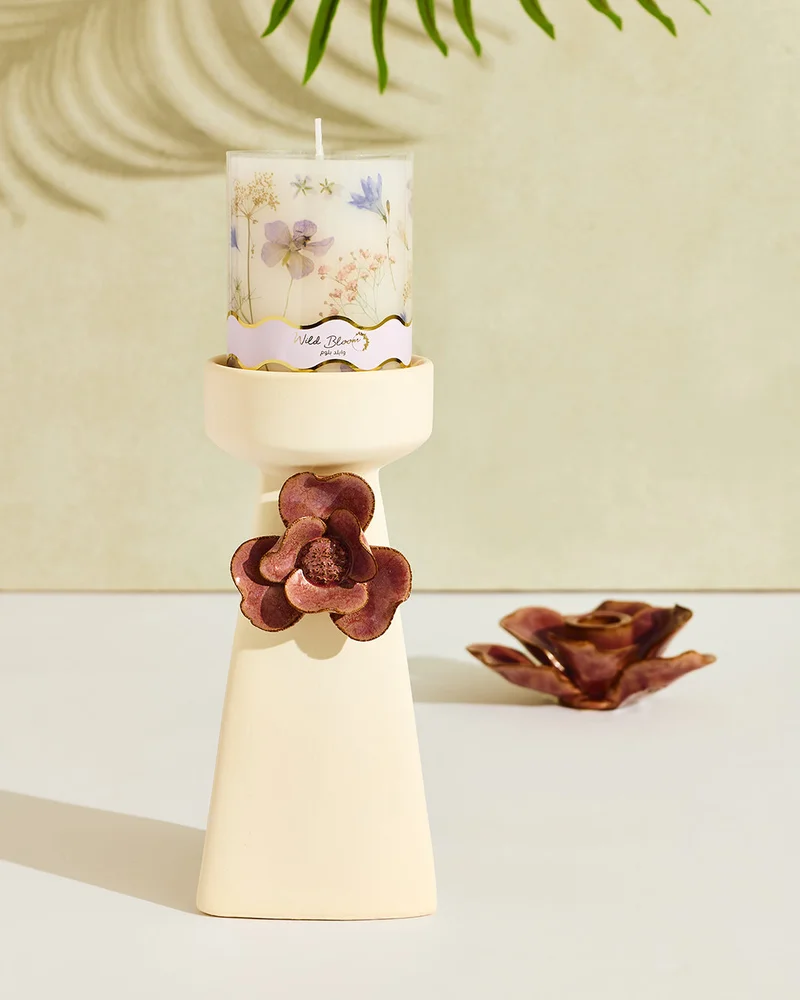 REDTAG Zaria Beige and Purple And Ceramic Pillar Candle Holder