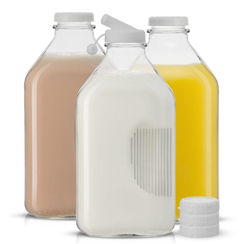 JoyJolt JoyJolt Glass Milk Bottles with Lids and Pourer – 64 Oz, 3 Pack Airtight Heavy Duty Reusable Glass Bottles, Leakproof, BPA-Free, Food Grade, Dishwasher Safe Jug, Pitcher for Milk, Juice, and Water  - Image 1