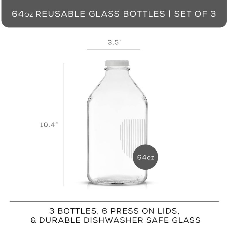 JoyJolt JoyJolt Glass Milk Bottles with Lids and Pourer – 64 Oz, 3 Pack Airtight Heavy Duty Reusable Glass Bottles, Leakproof, BPA-Free, Food Grade, Dishwasher Safe Jug, Pitcher for Milk, Juice, and Water  - Image 2