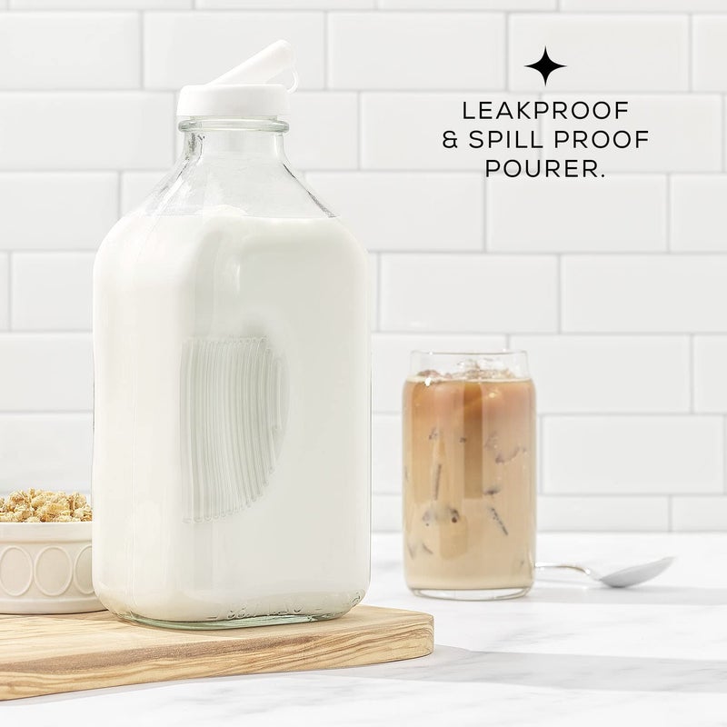 JoyJolt JoyJolt Glass Milk Bottles with Lids and Pourer – 64 Oz, 3 Pack Airtight Heavy Duty Reusable Glass Bottles, Leakproof, BPA-Free, Food Grade, Dishwasher Safe Jug, Pitcher for Milk, Juice, and Water  - Image 3