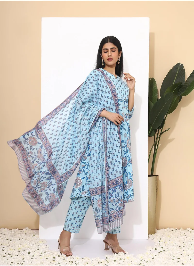 آي شين A-Line Fit Printed Pattern Round Neck Three-Quarter Sleeves Blue Colour Knitted Cotton Kurta Set for Women with Semi Elastic Closure - Unmatched Grace and Comfort